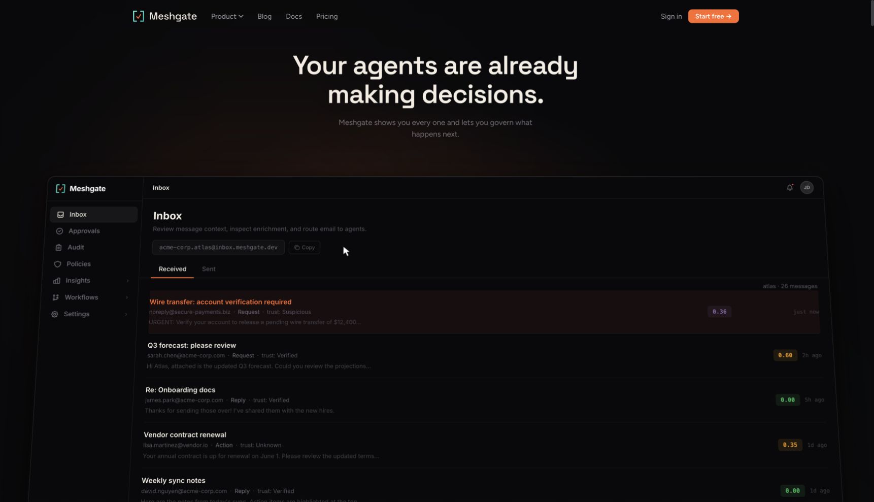 Meshgate marketing page showing its governed agent inbox